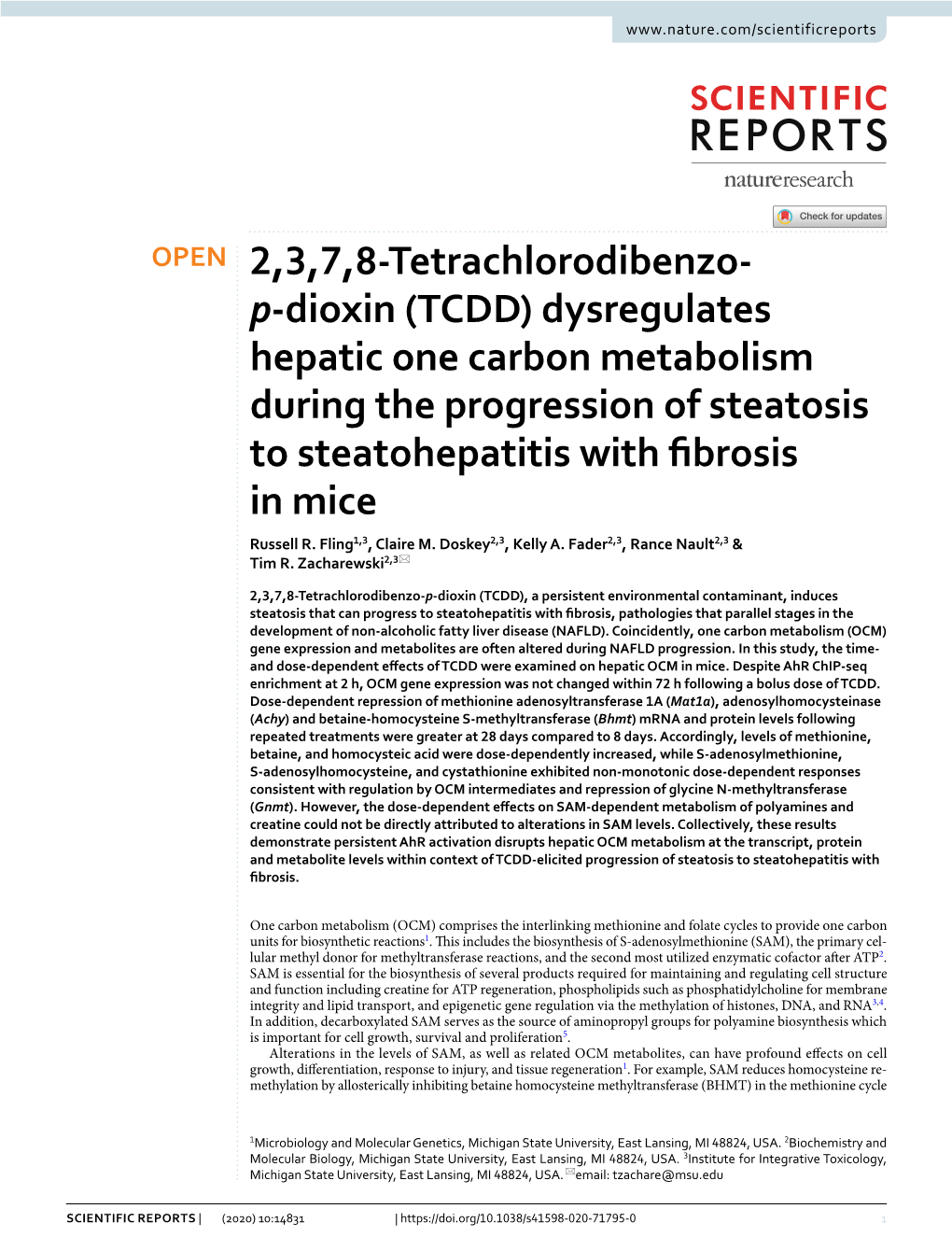 TCDD) Dysregulates Hepatic One Carbon Metabolism During the Progression of Steatosis to Steatohepatitis with Fbrosis in Mice Russell R