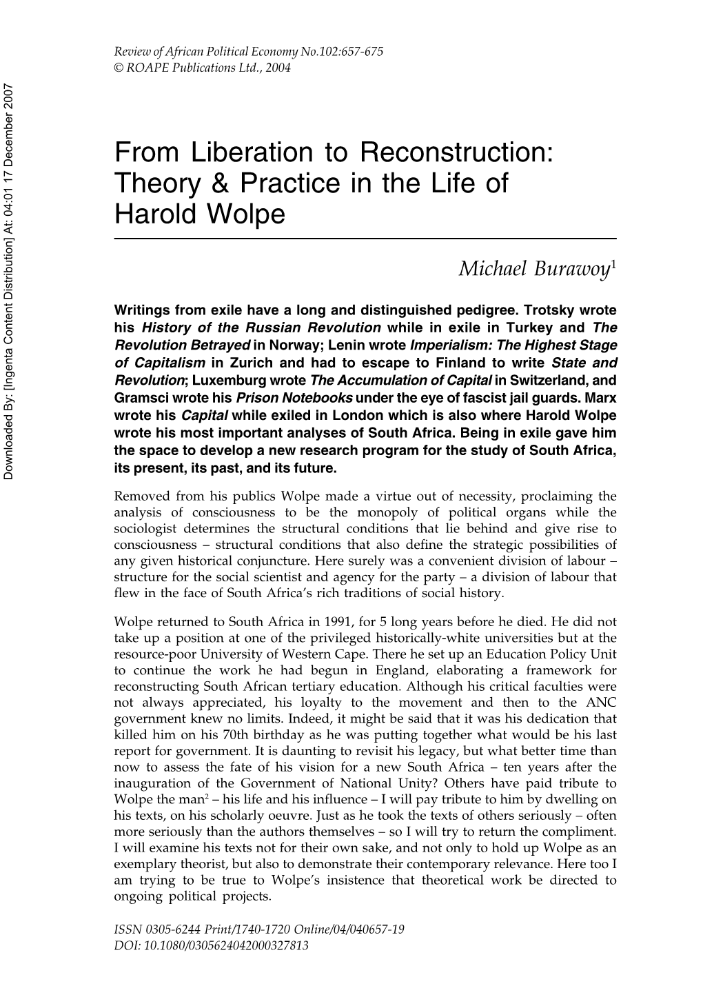 Theory & Practice in the Life of Harold Wolpe