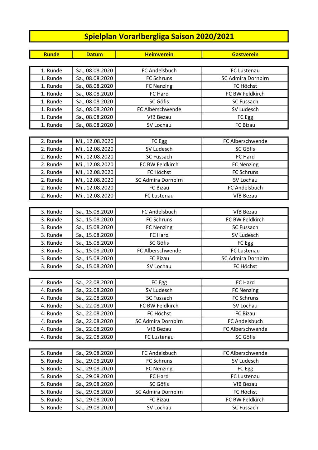 Spielplan Vorarlbergliga Saison 2020/2021