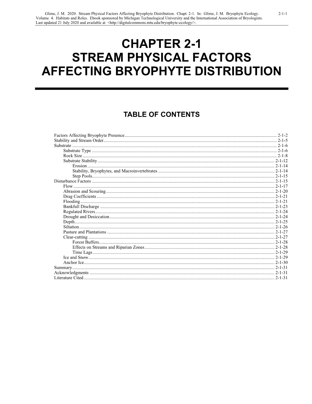 Stream Physical Factors Affecting Bryophyte Distribution