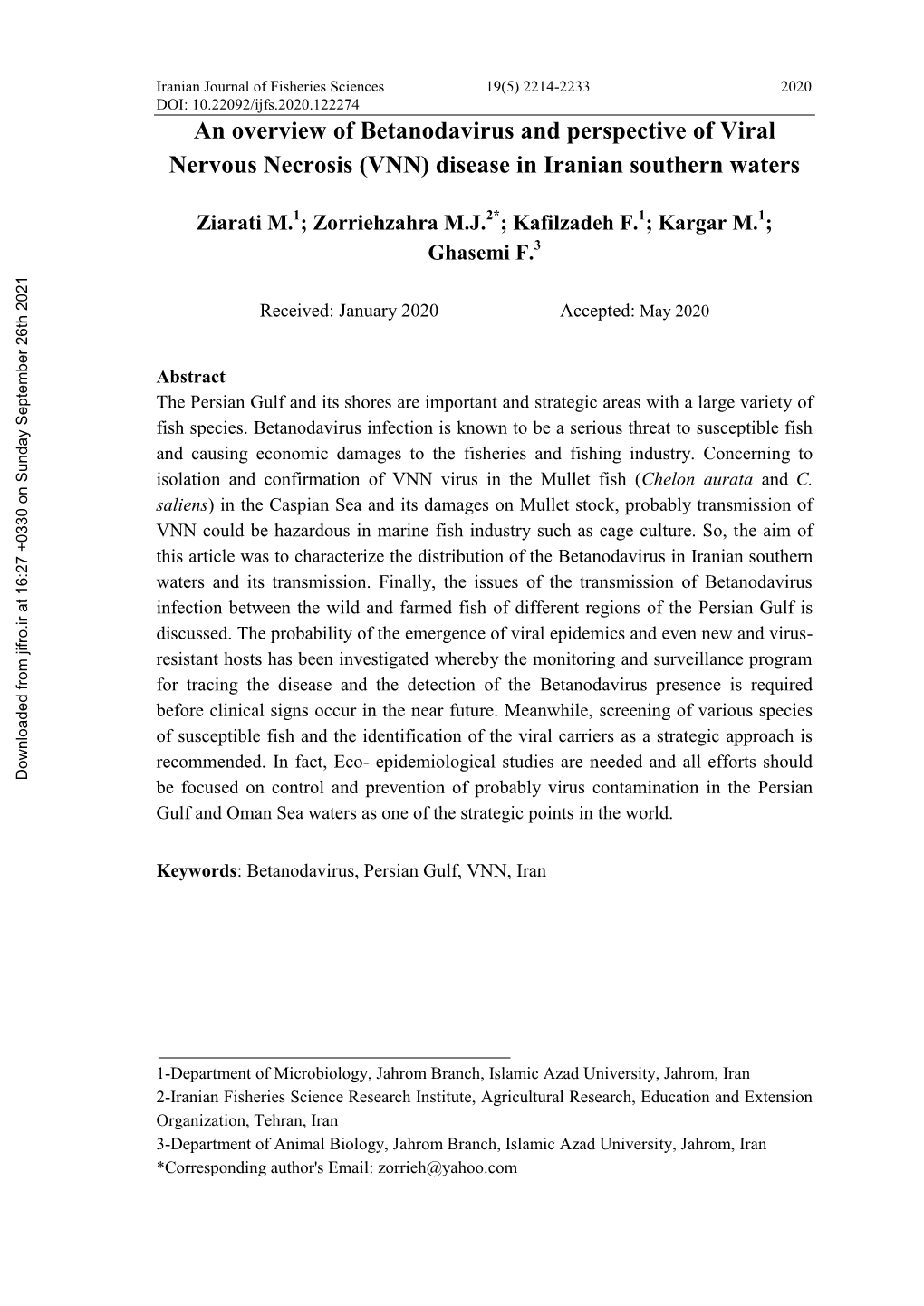 An Overview of Betanodavirus and Perspective of Viral Nervous Necrosis (VNN) Disease in Iranian Southern Waters