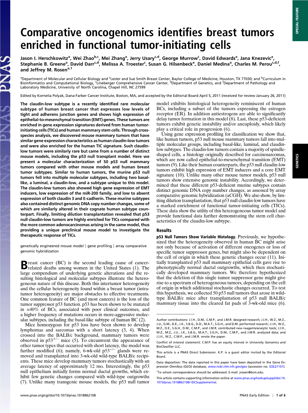 Comparative Oncogenomics Identifies Breast Tumors Enriched in Functional