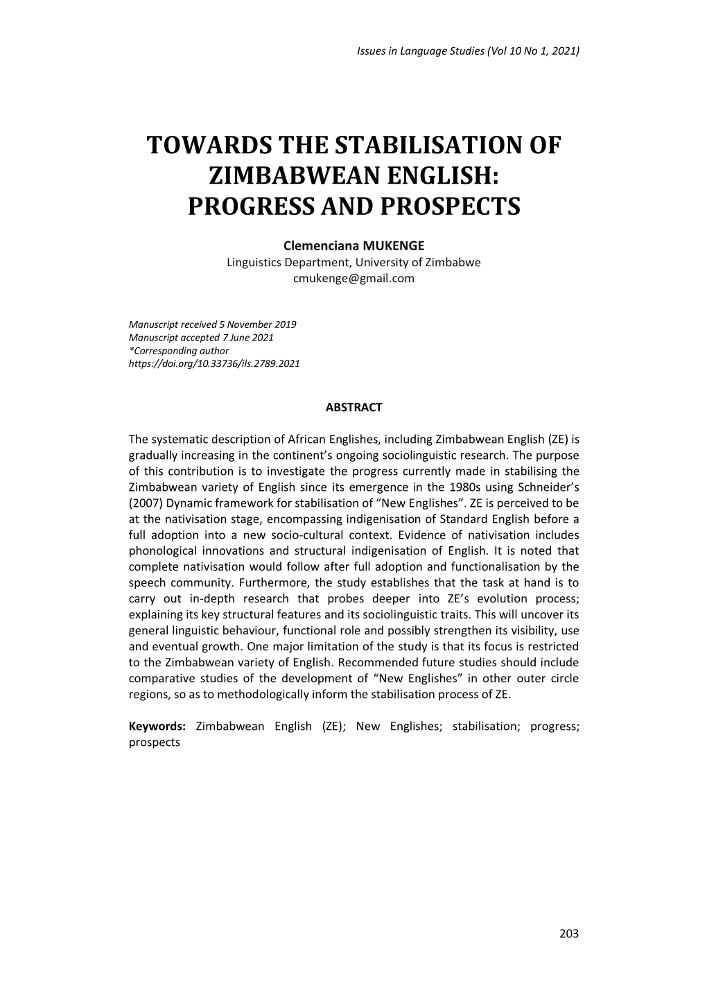 Towards the Stabilisation of Zimbabwean English: Progress and Prospects