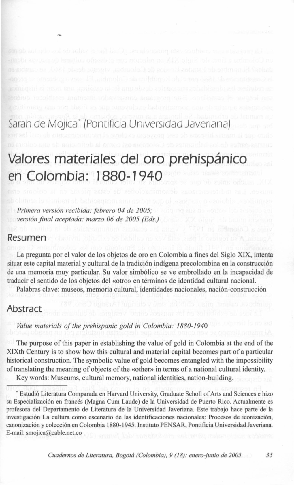 Valores Materiales Del Oro Prehispánico En Colombia: 1880-1940