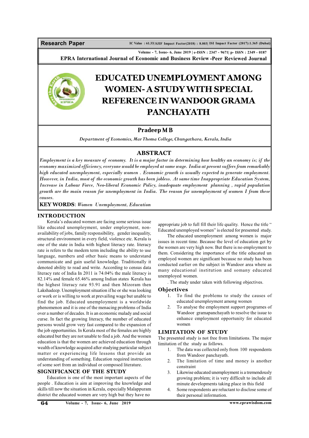 Educated Unemployment Among Women- a Study with Special Reference in Wandoor Grama Panchayath
