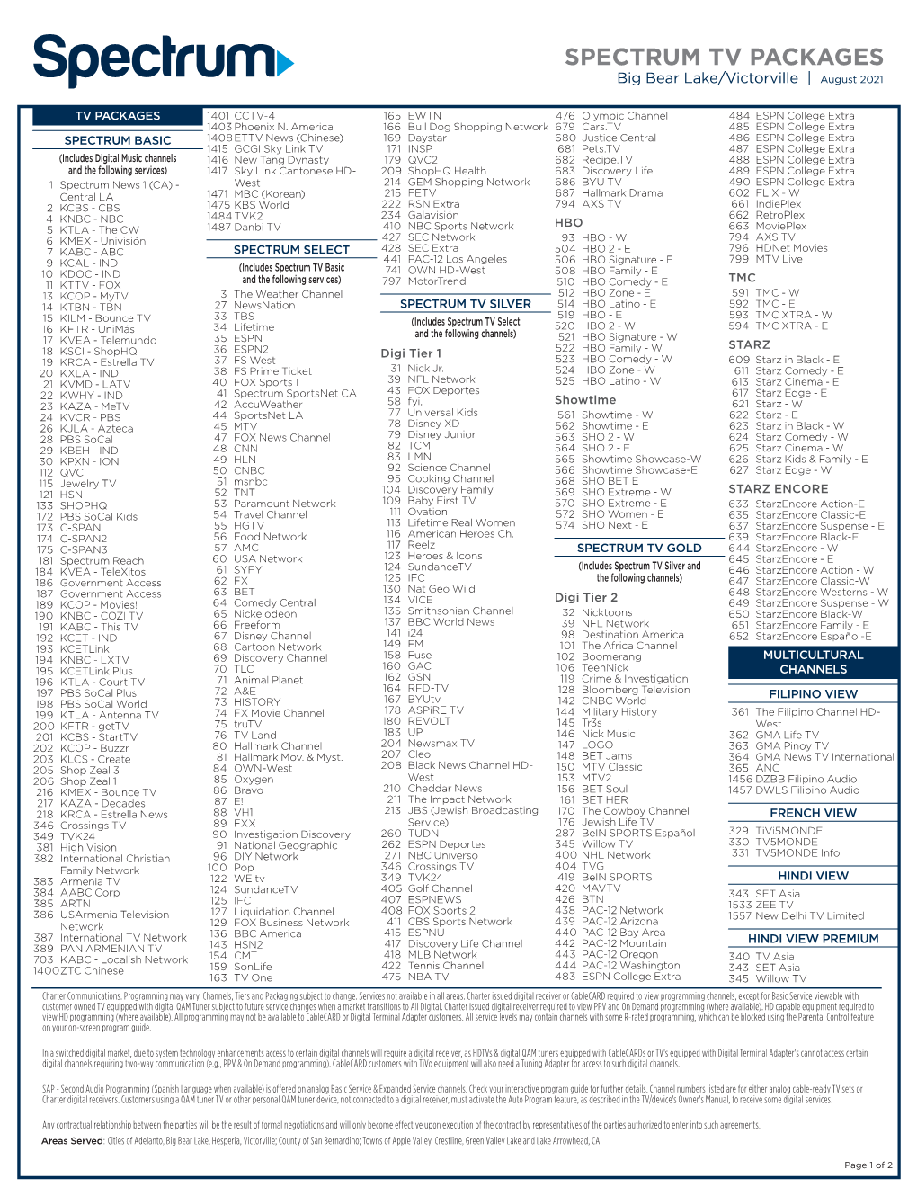 SPECTRUM TV PACKAGES Big Bear Lake/Victorville | August 2021