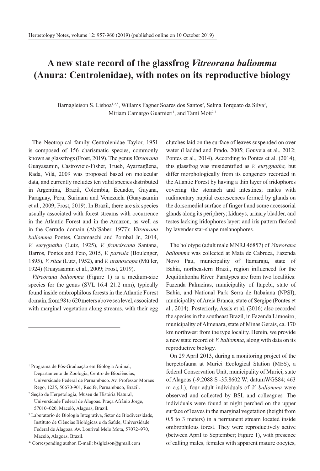 Anura: Centrolenidae), with Notes on Its Reproductive Biology