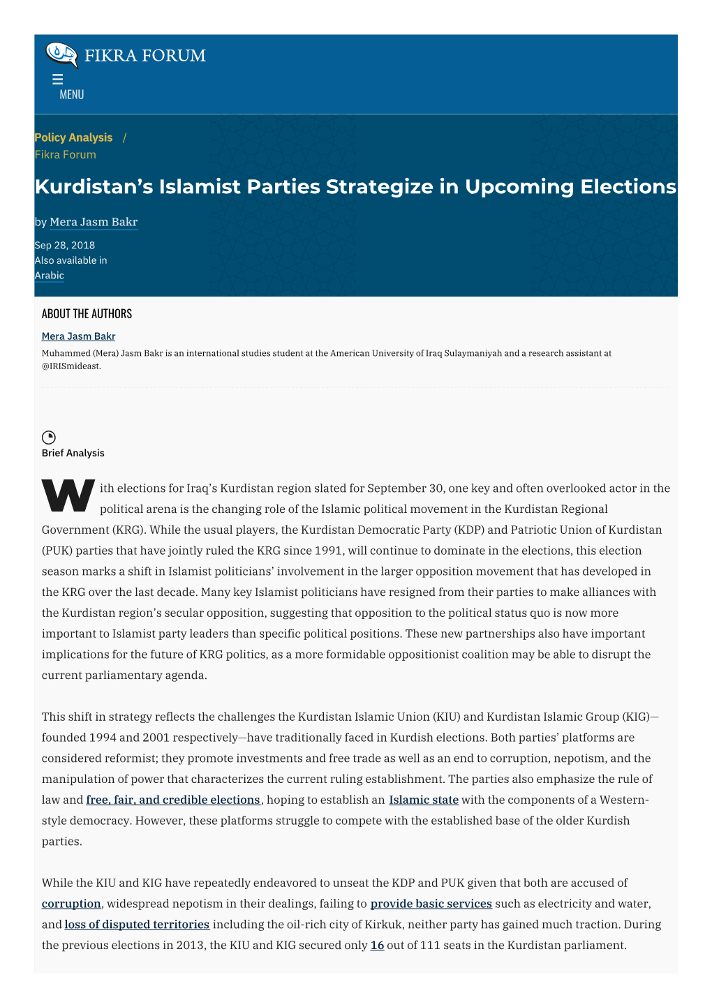 Kurdistan's Islamist Parties Strategize in Upcoming Elections | the Washington Institute