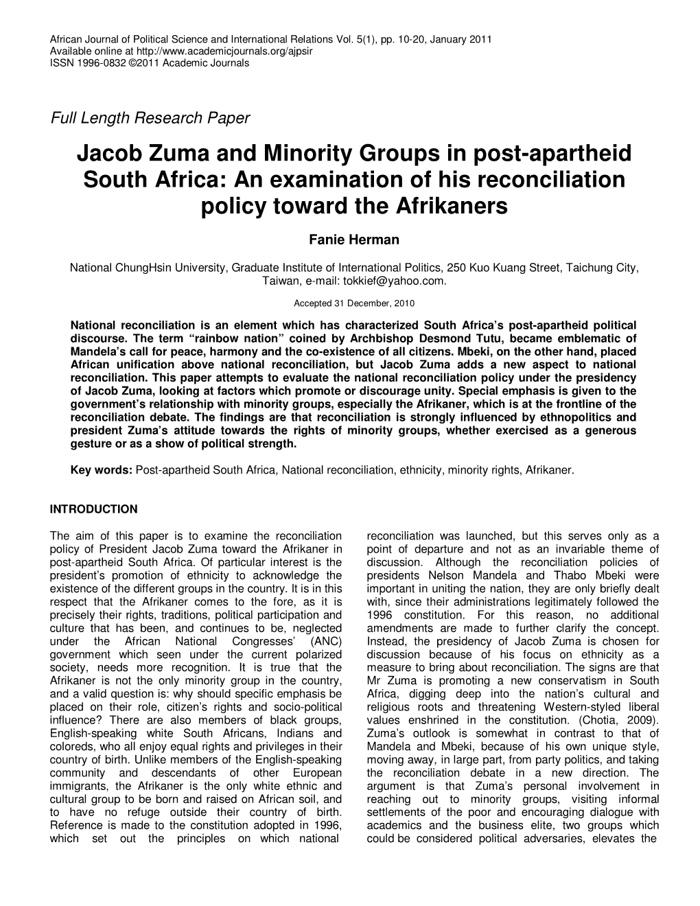 Jacob Zuma and Minority Groups in Post-Apartheid South Africa: an Examination of His Reconciliation Policy Toward the Afrikaners