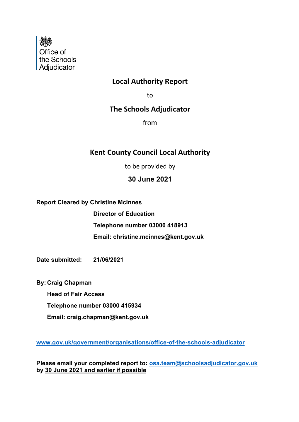 Kent County Council Report to Schools Adjudicator 2021