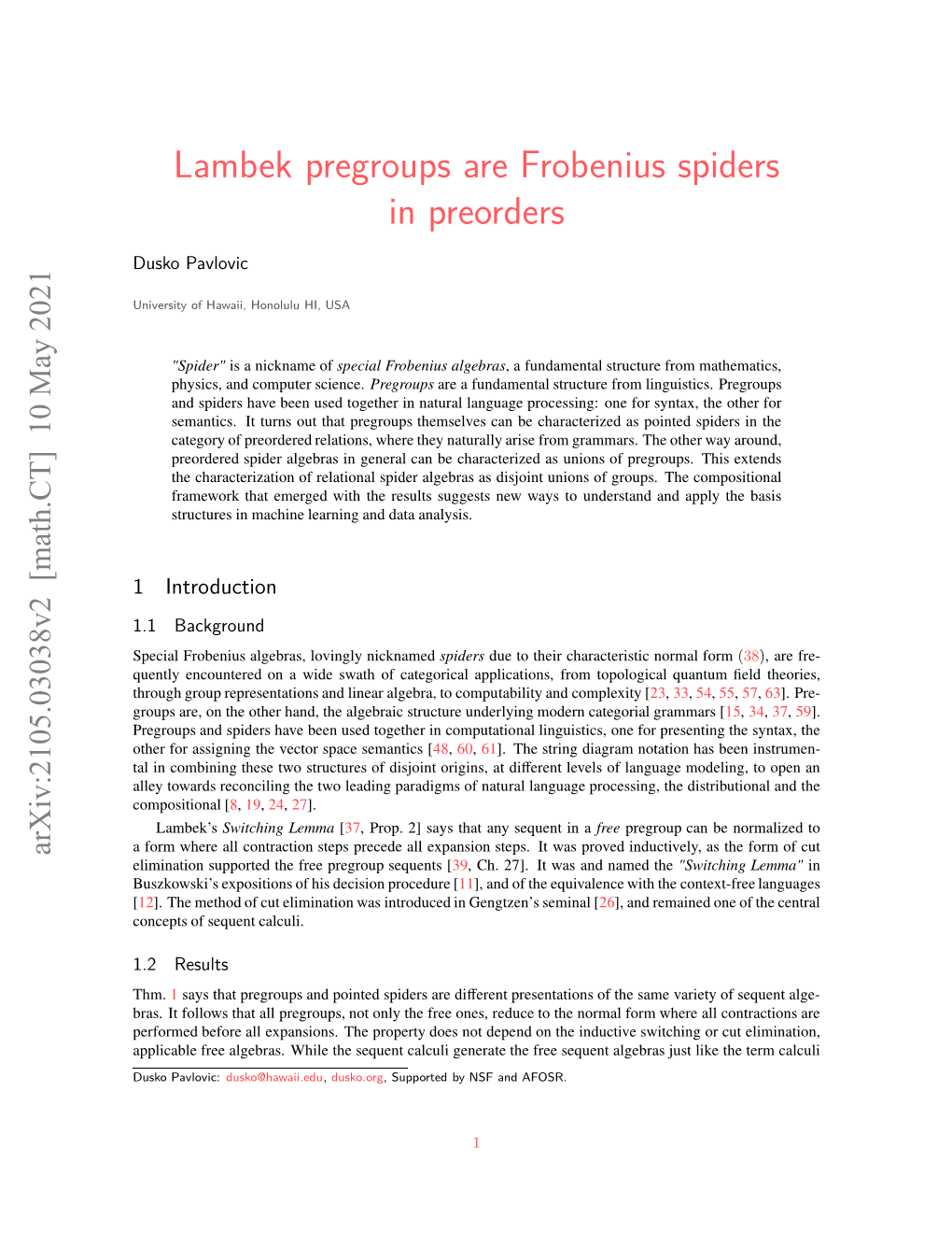 Lambek Pregroups Are Frobenius Spiders in Preorders