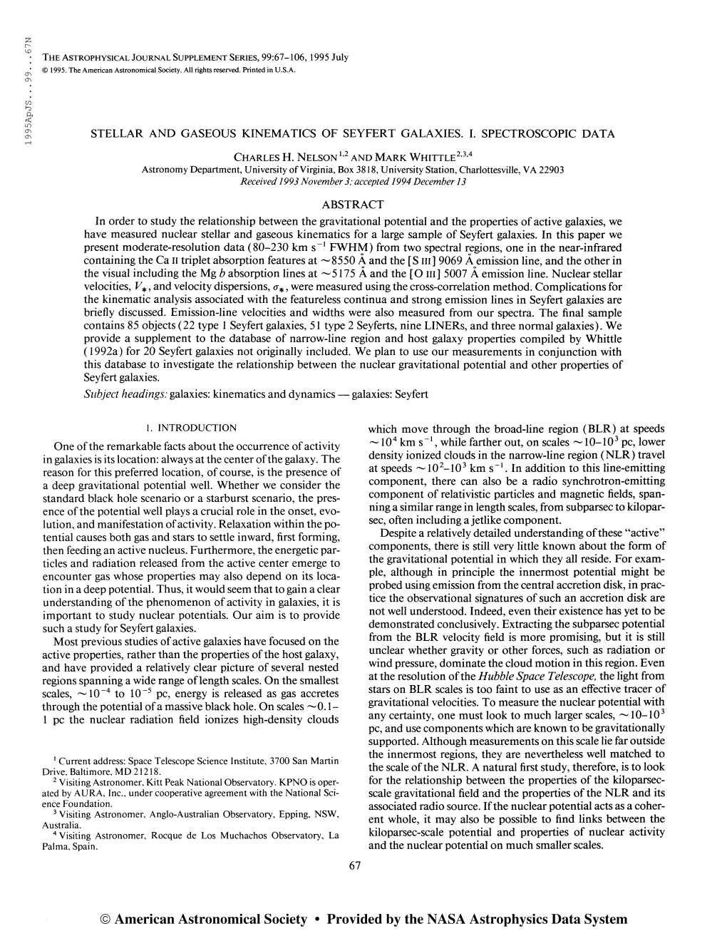 19 95Apjs. . .99. . .67N the Astrophysical Journal Supplement