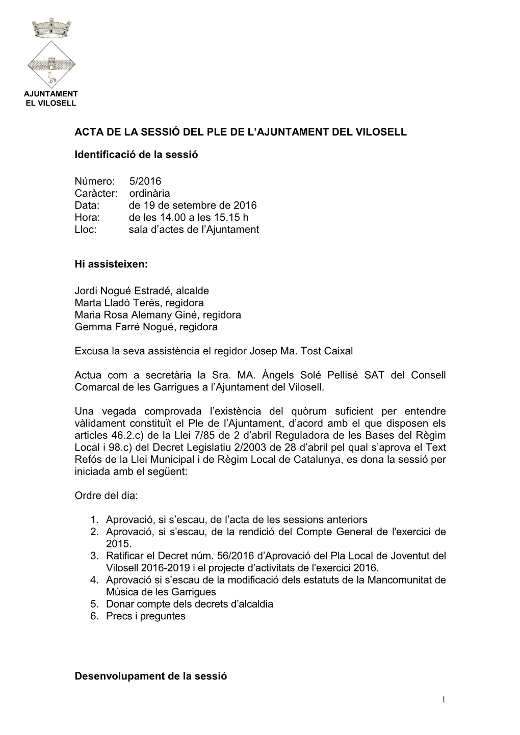 Acta De La Sessió Del Ple De L'ajuntament Del Vilosell