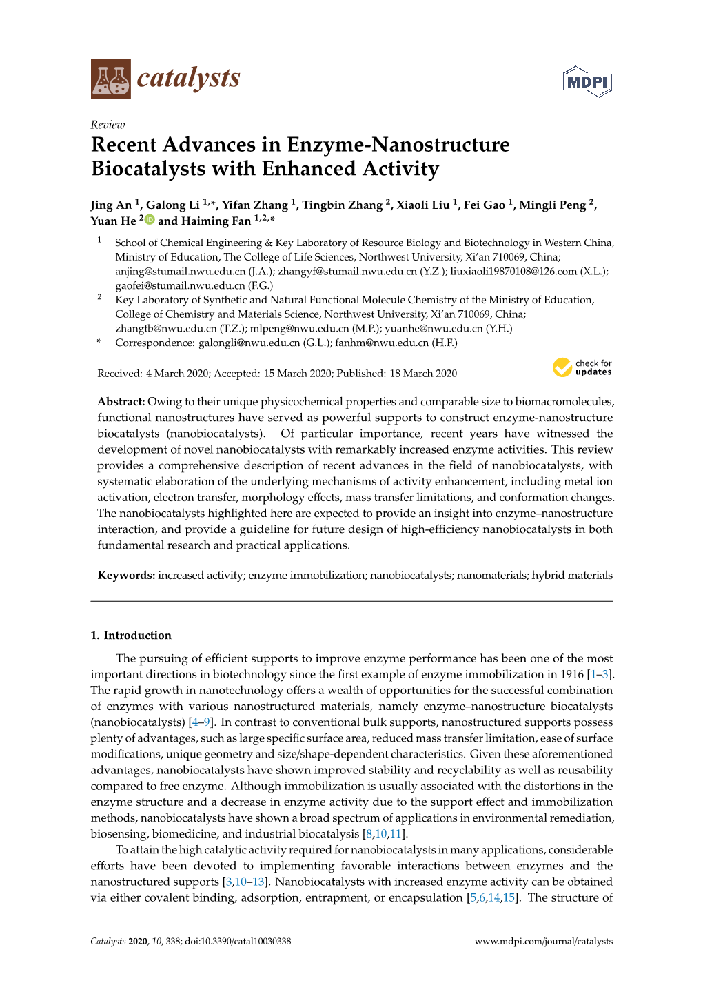 Recent Advances in Enzyme-Nanostructure Biocatalysts with Enhanced Activity