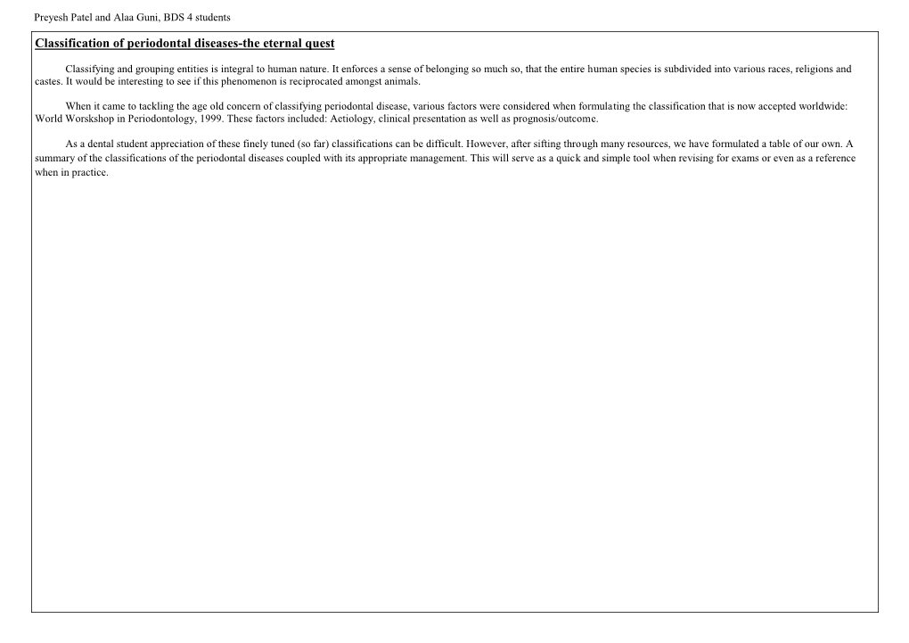 Classification of Periodontal Diseases-The Eternal Quest