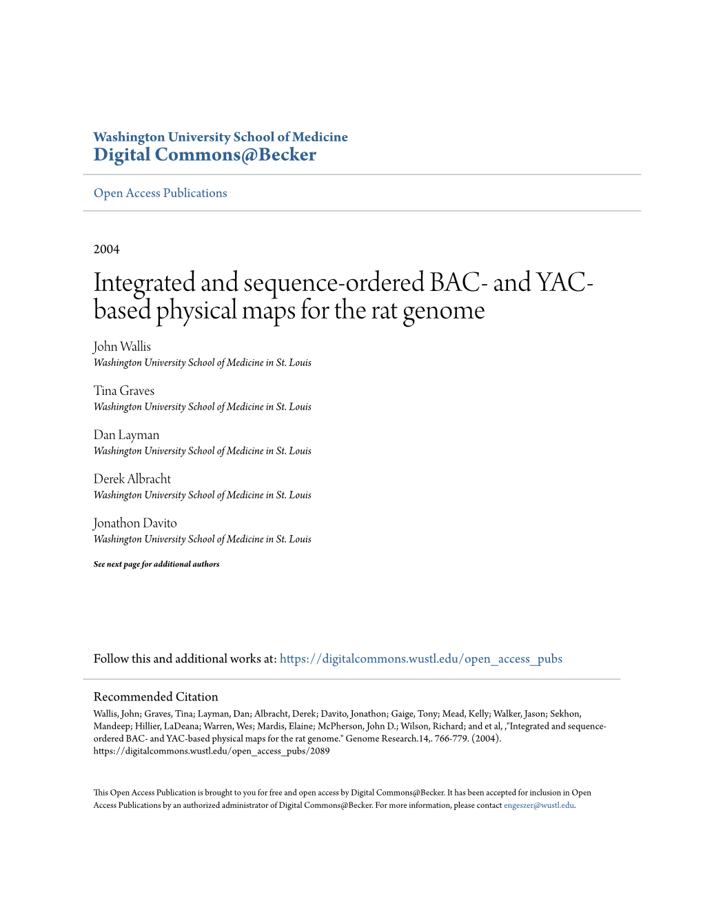 And YAC-Based Physical Maps for the Rat Genome." Genome Research.14