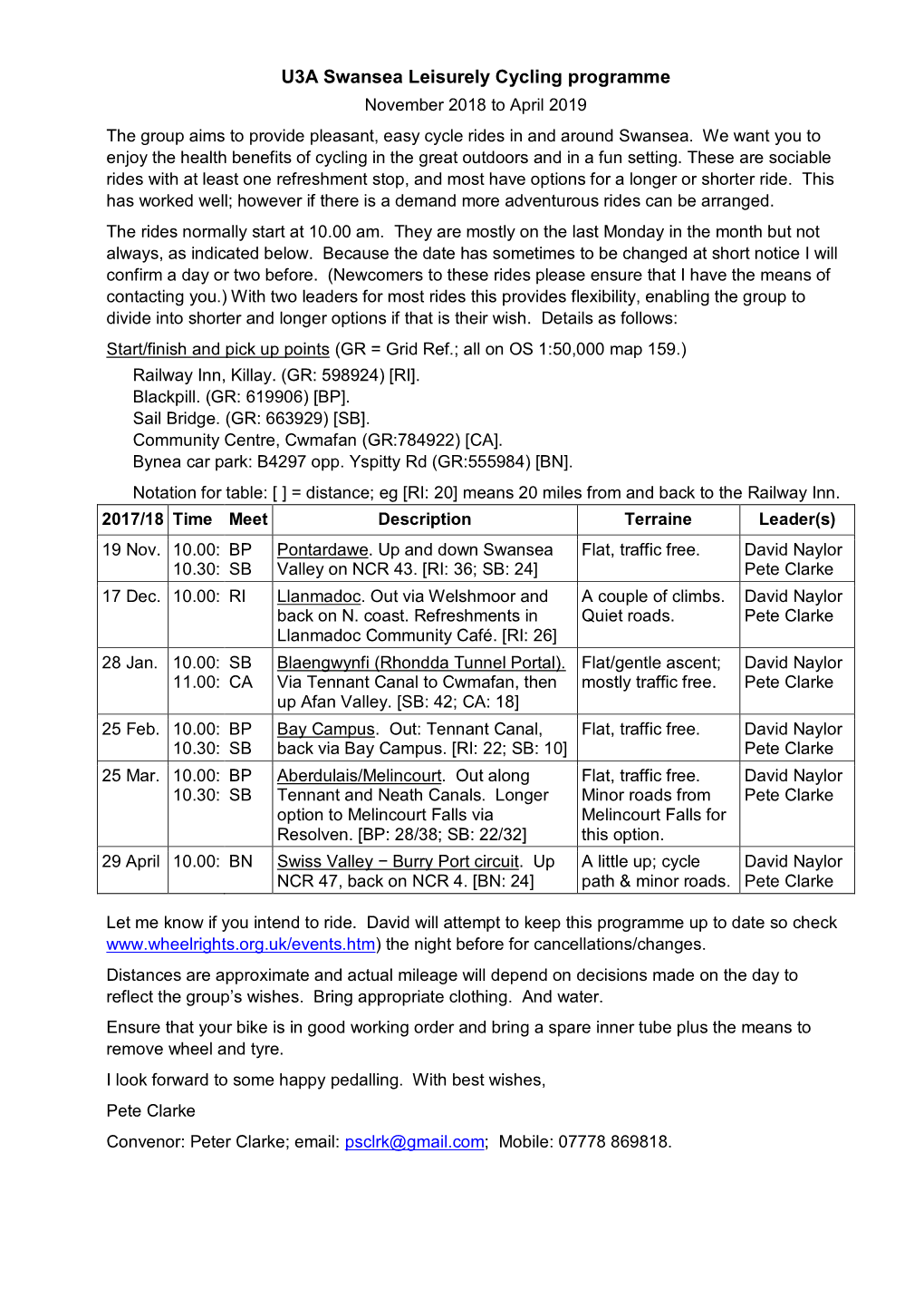 U3A Swansea Leisurely Cycling Programme November 2018 to April 2019 the Group Aims to Provide Pleasant, Easy Cycle Rides in and Around Swansea