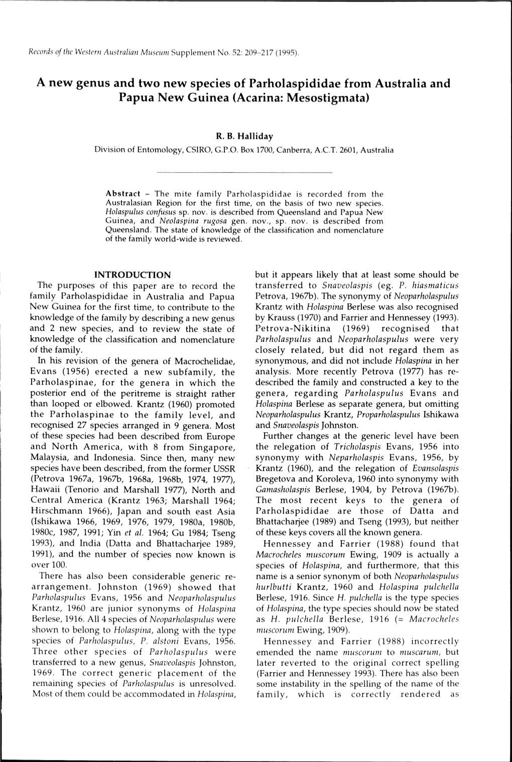 A New Genus and Two New Species of Parholaspididae from Australia and Papua New Guinea (Acarina: Mesostigmata)