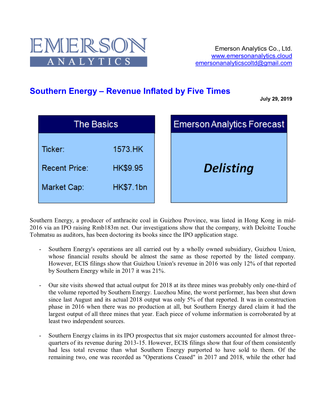 Southern Energy – Revenue Inflated by Five Times July 29, 2019