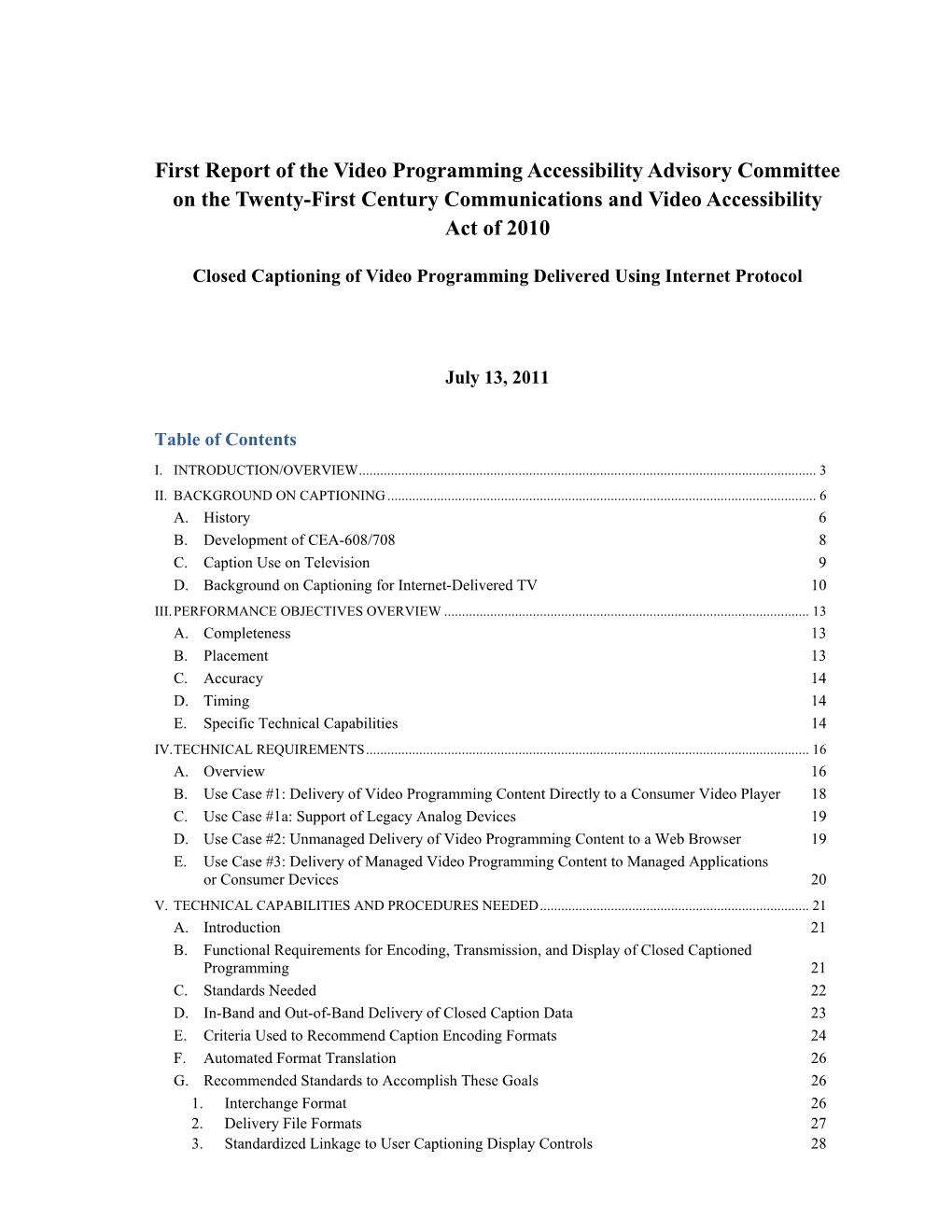First Report of the Video Programming Accessibility Advisory Committee on the Twenty-First Century Communications and Video Accessibility Act of 2010