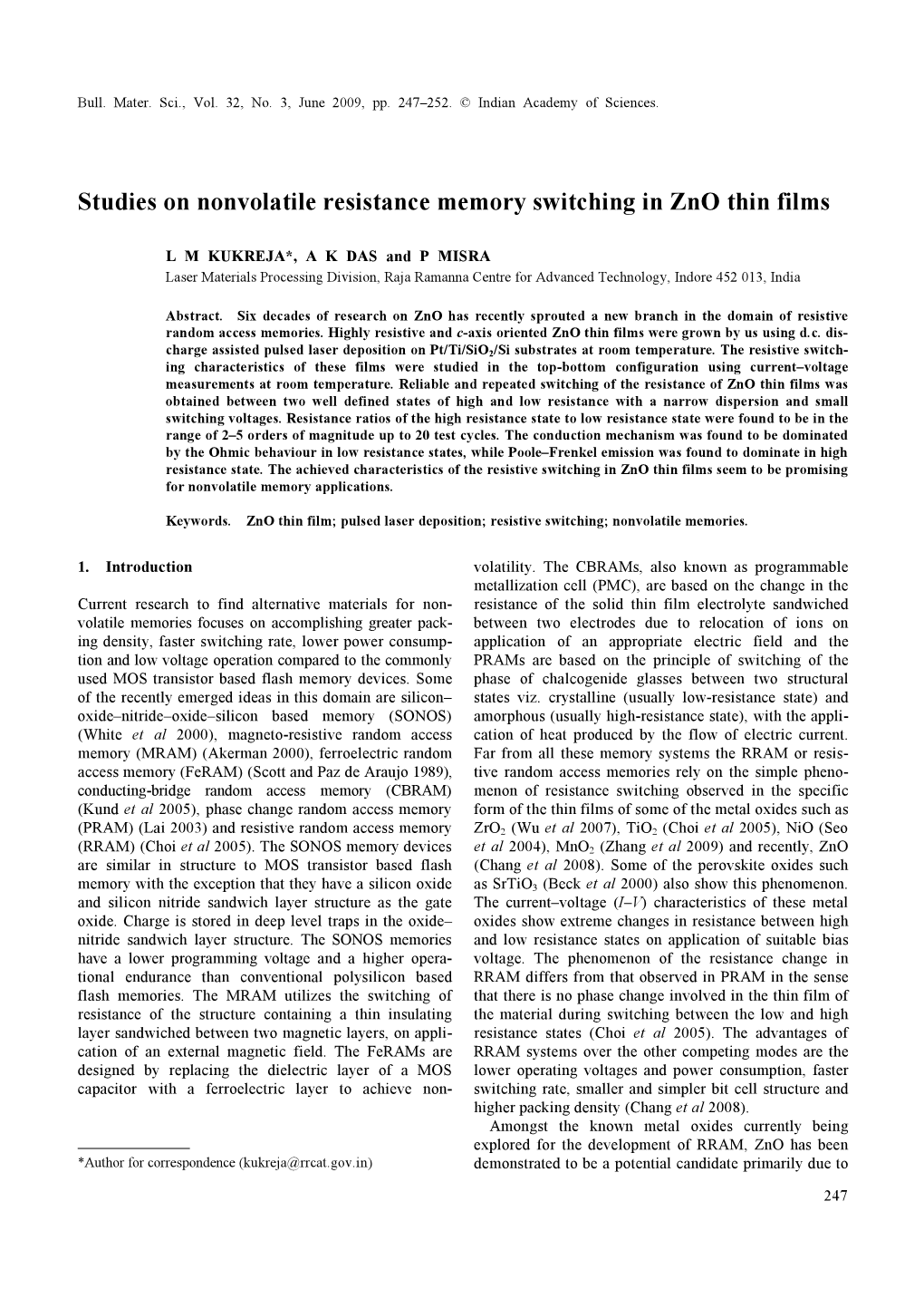 Studies on Nonvolatile Resistance Memory Switching in Zno Thin Films