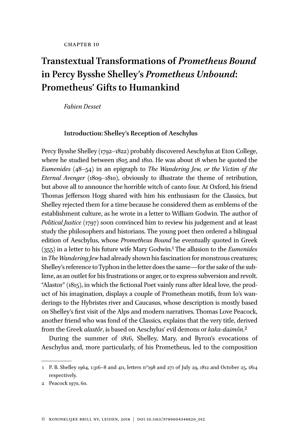 Transtextual Transformations of Prometheus Bound in Percy Bysshe Shelley’S Prometheus Unbound: Prometheus’ Gifts to Humankind