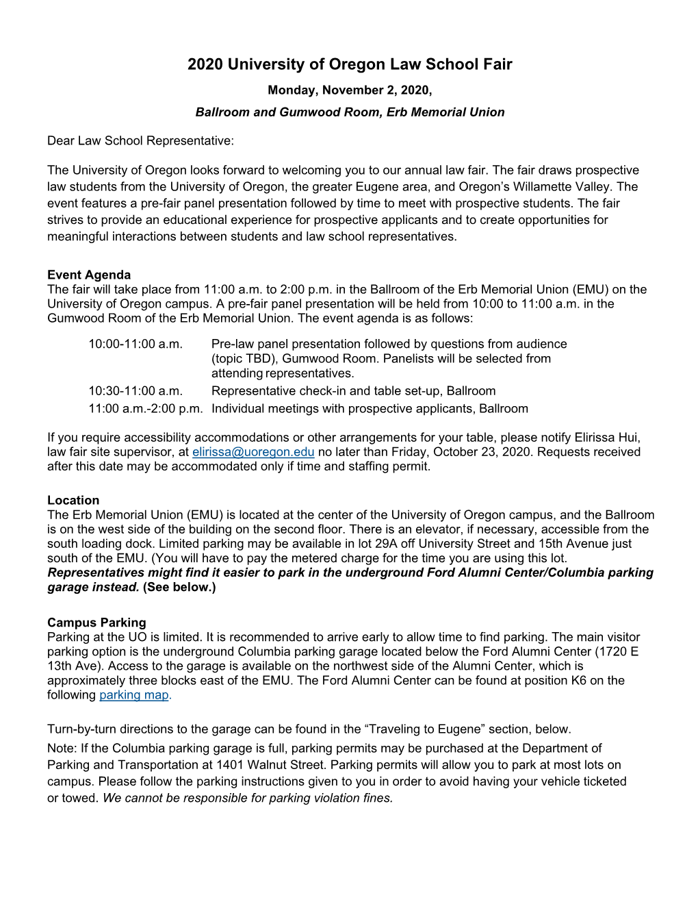 2020 University of Oregon Law School Fair Monday, November 2, 2020, Ballroom and Gumwood Room, Erb Memorial Union