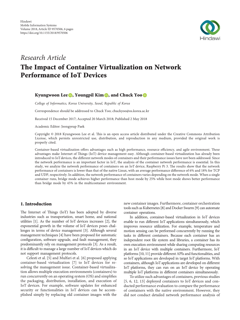 Research Article the Impact of Container Virtualization on Network Performance of Iot Devices