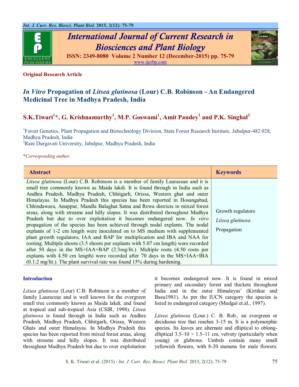 International Journal of Current Research in Biosciences and Plant Biology ISSN: 2349-8080 Volume 2 Number 12 (December-2015) Pp