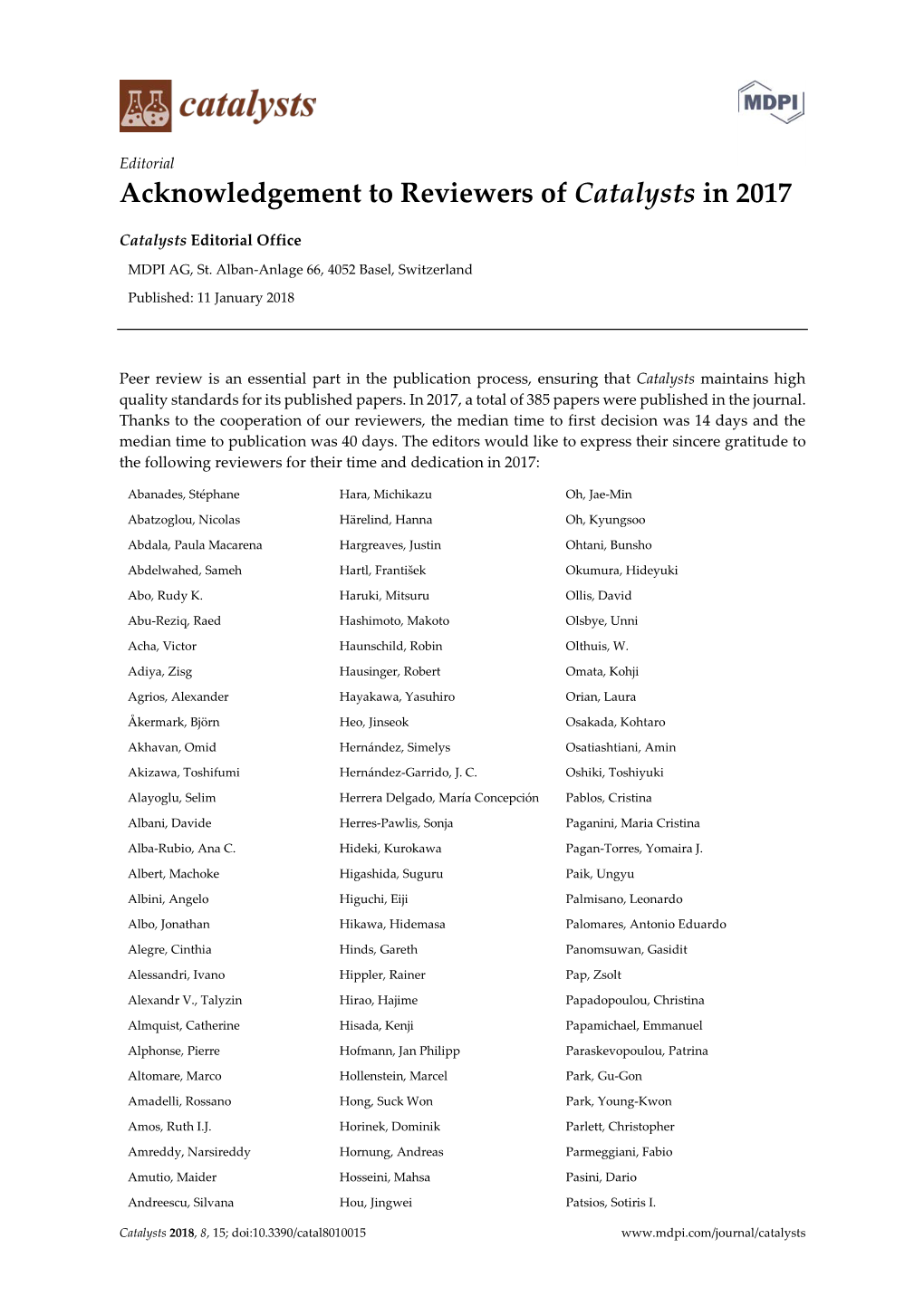Acknowledgement to Reviewers of Catalysts in 2017