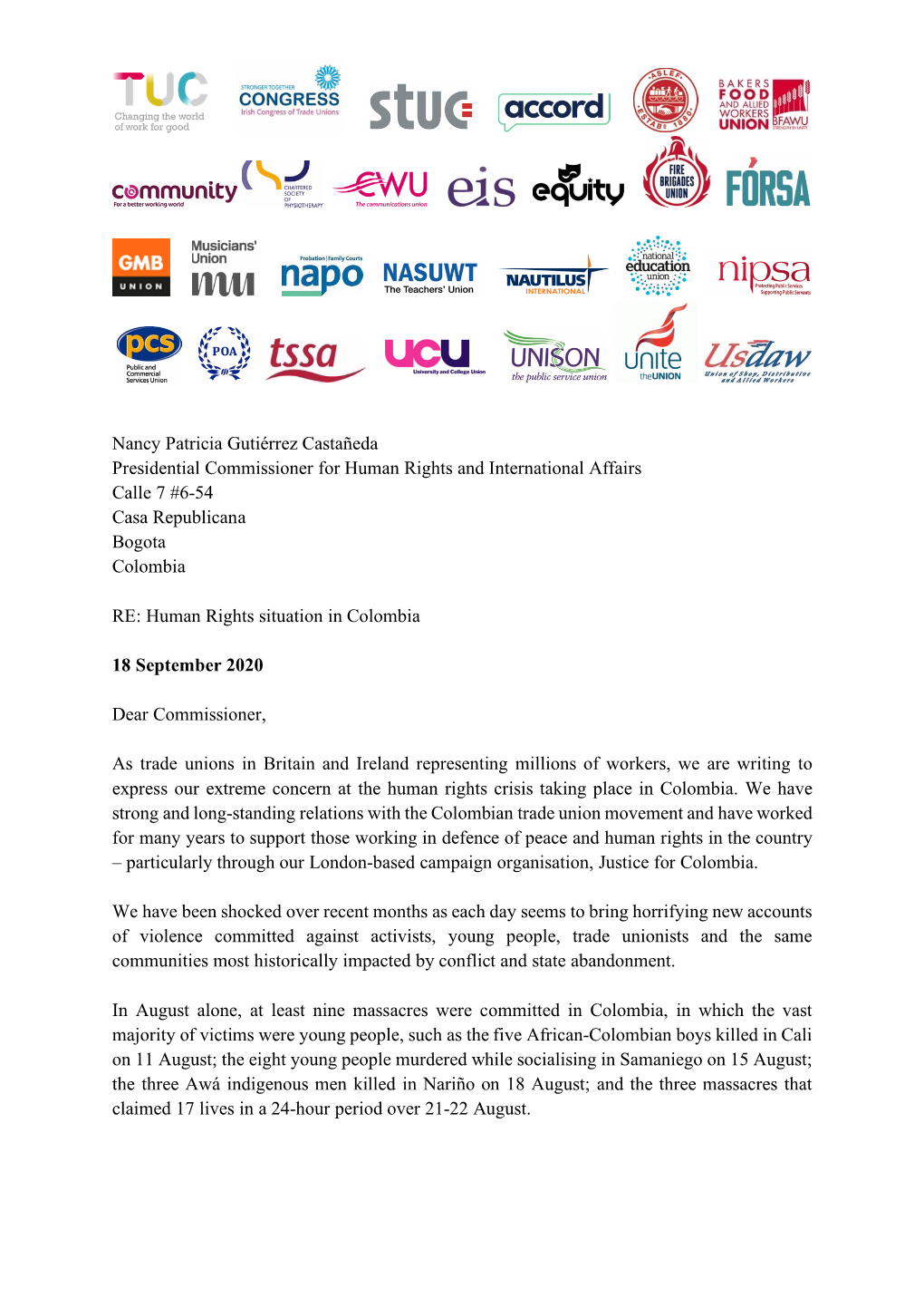 Letter to Colombian Human Rights Commissioner From