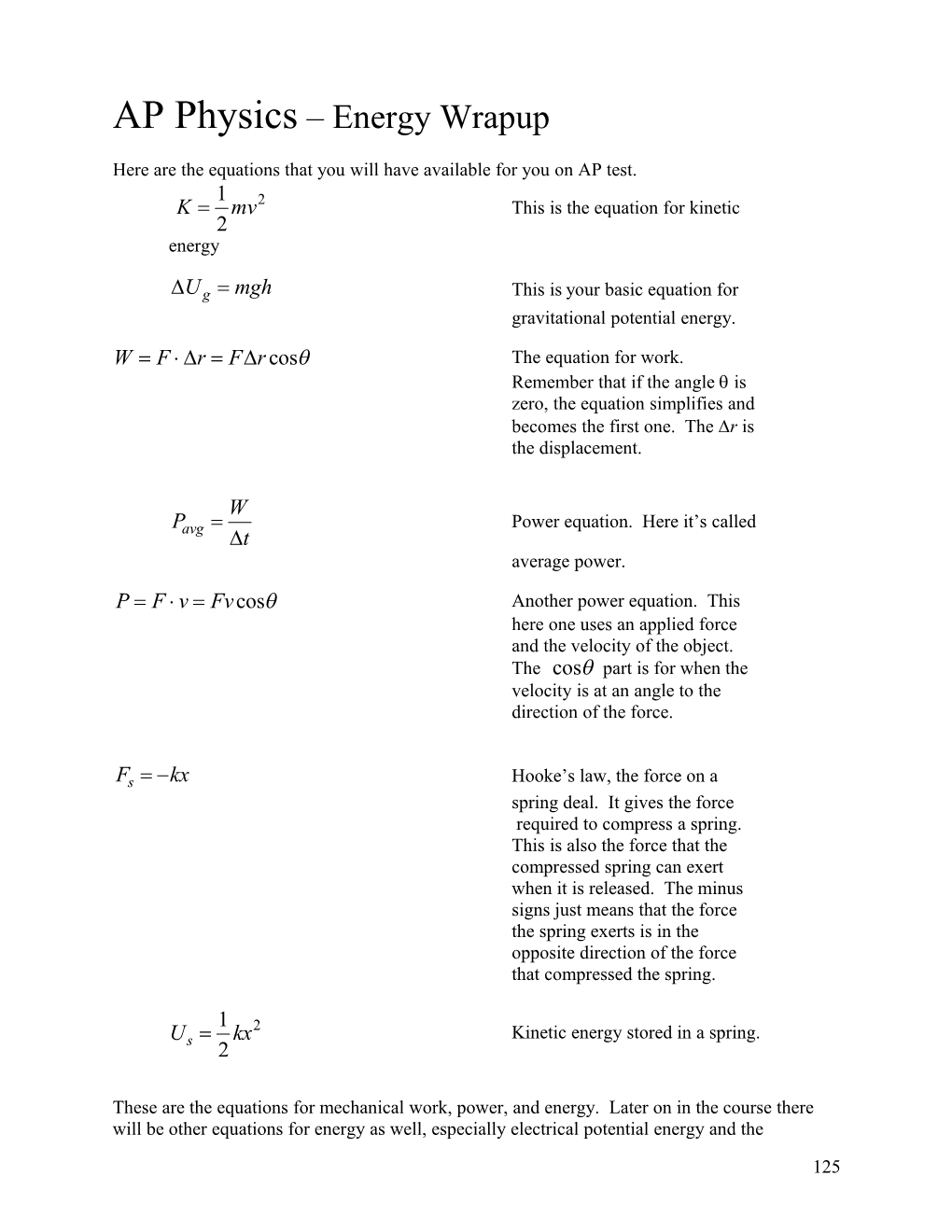 AP Physics Work and Energy