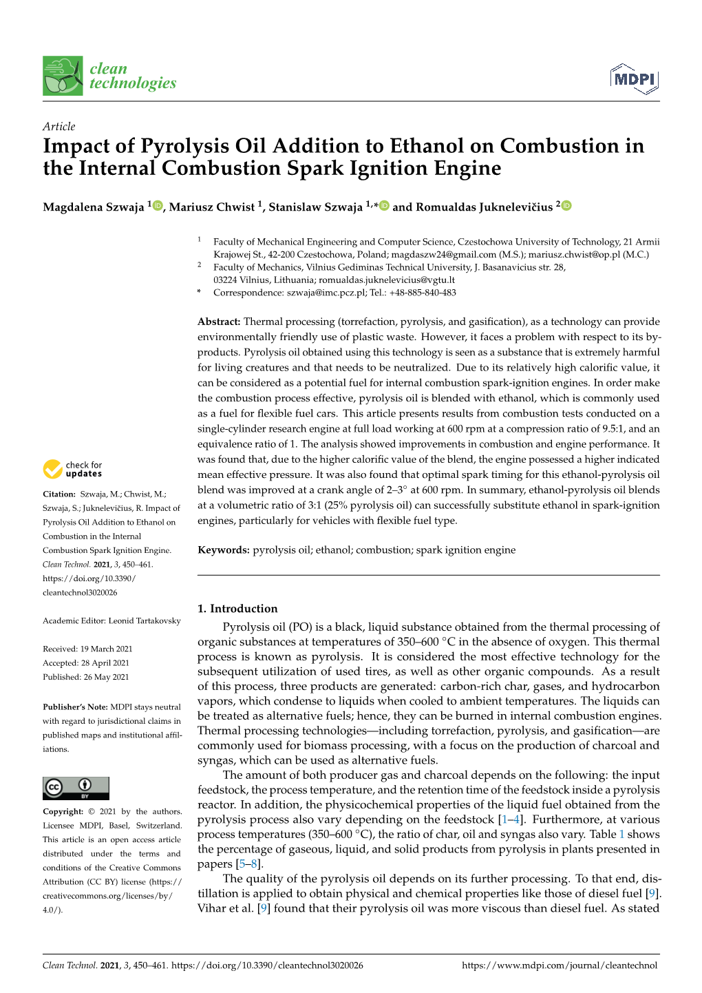 Impact of Pyrolysis Oil Addition to Ethanol on Combustion in the Internal Combustion Spark Ignition Engine