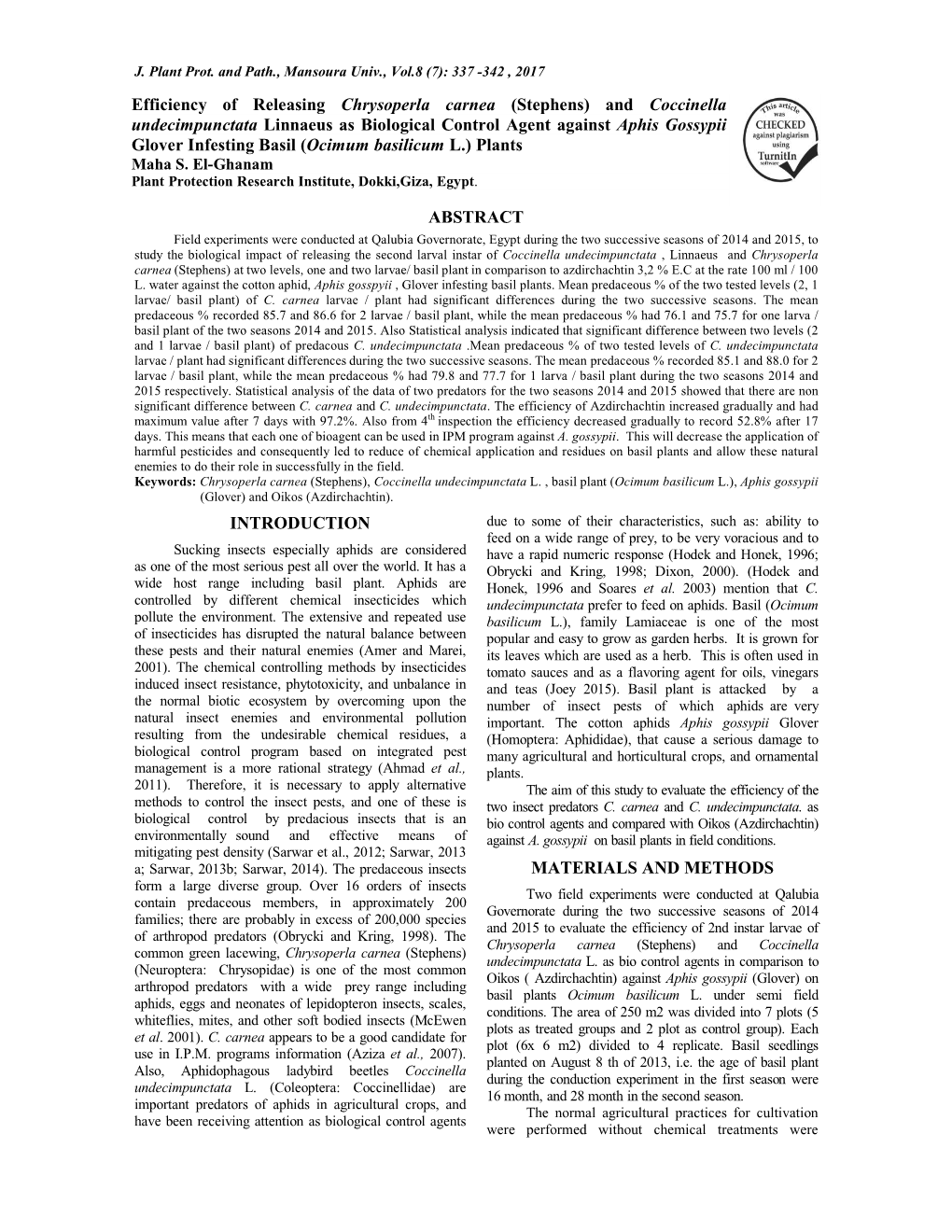 Efficiency of Releasing Chrysoperla Carnea (Stephens) and Coccinella