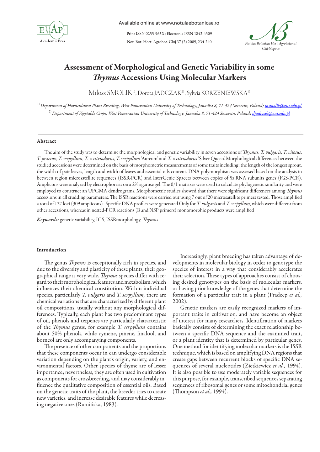 Assessment of Morphological and Genetic Variability in Some Thymusaccessions Using Molecular Markers