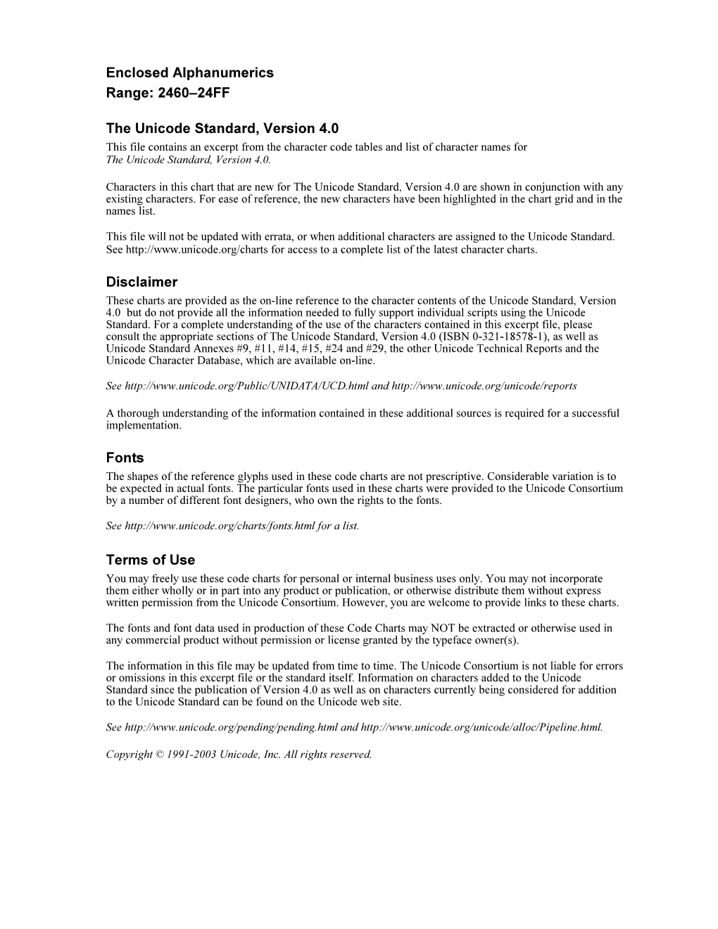 Enclosed Alphanumerics Range: 2460–24FF the Unicode Standard