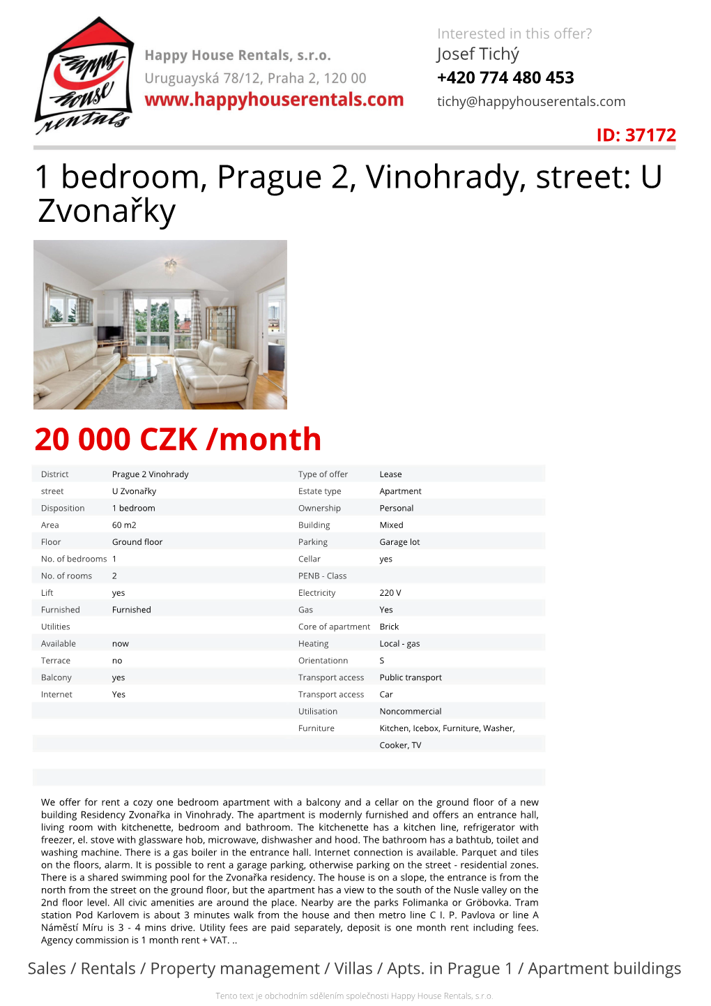 1 Bedroom, Prague 2, Vinohrady, Street: U Zvonařky
