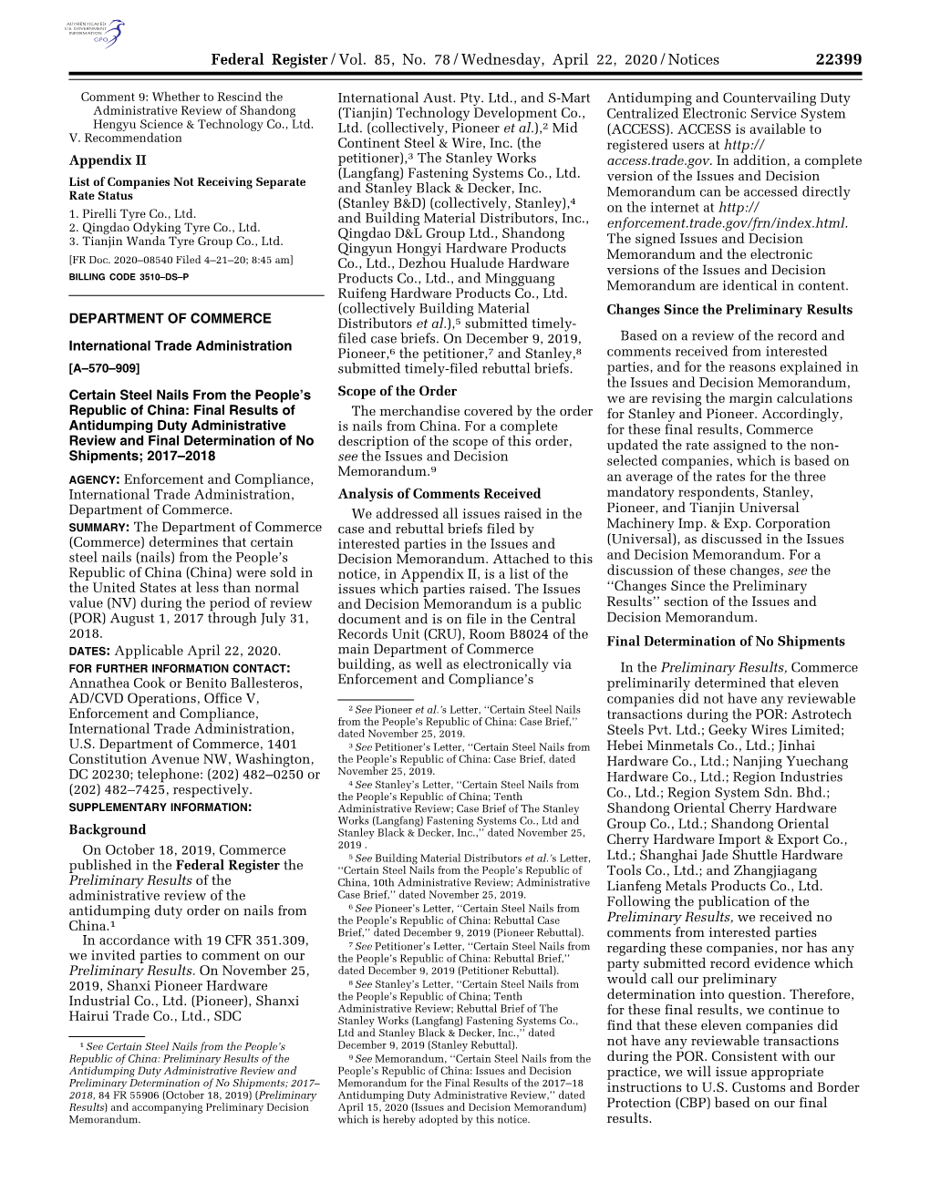 Federal Register/Vol. 85, No. 78/Wednesday, April 22, 2020