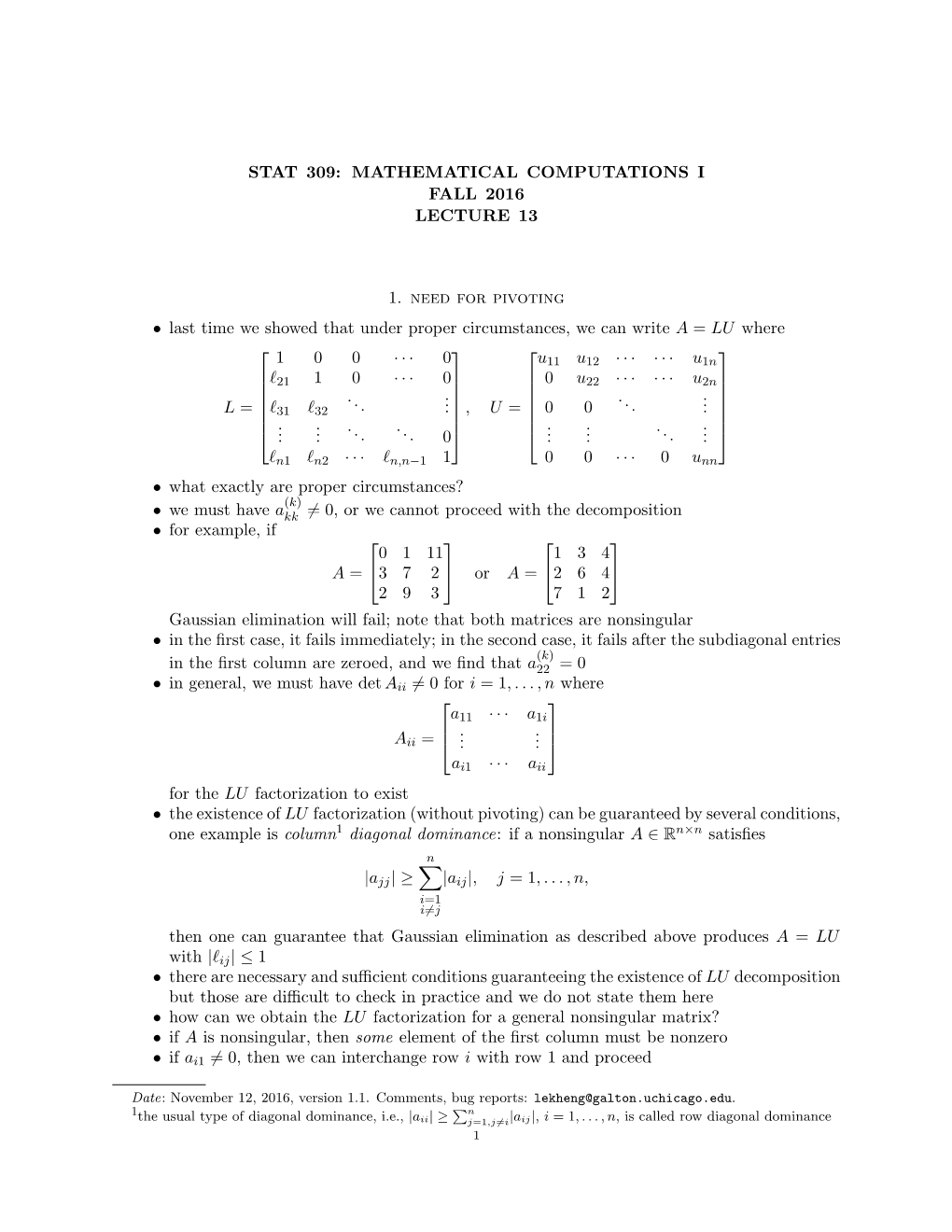 Stat 309: Mathematical Computations I Fall 2016 Lecture 13