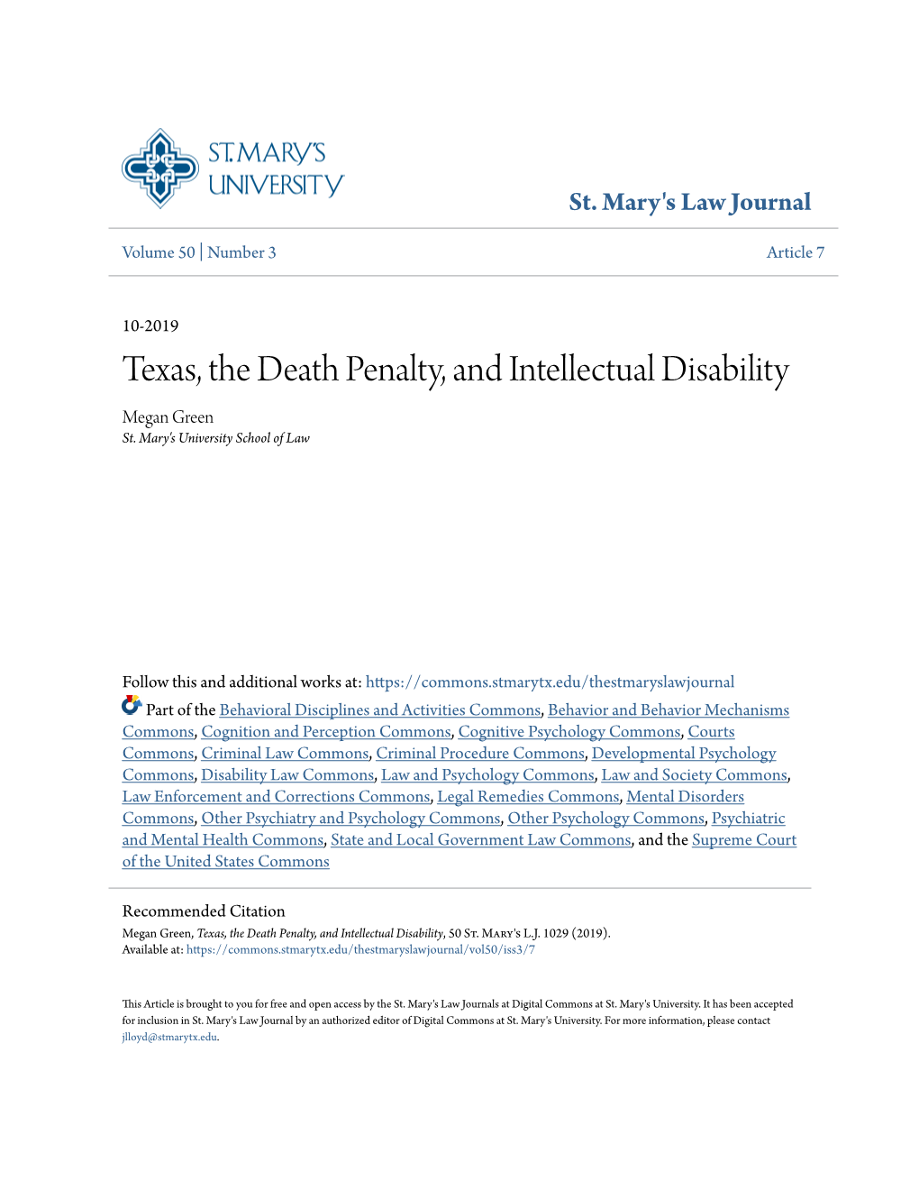 Texas, the Death Penalty, and Intellectual Disability Megan Green St