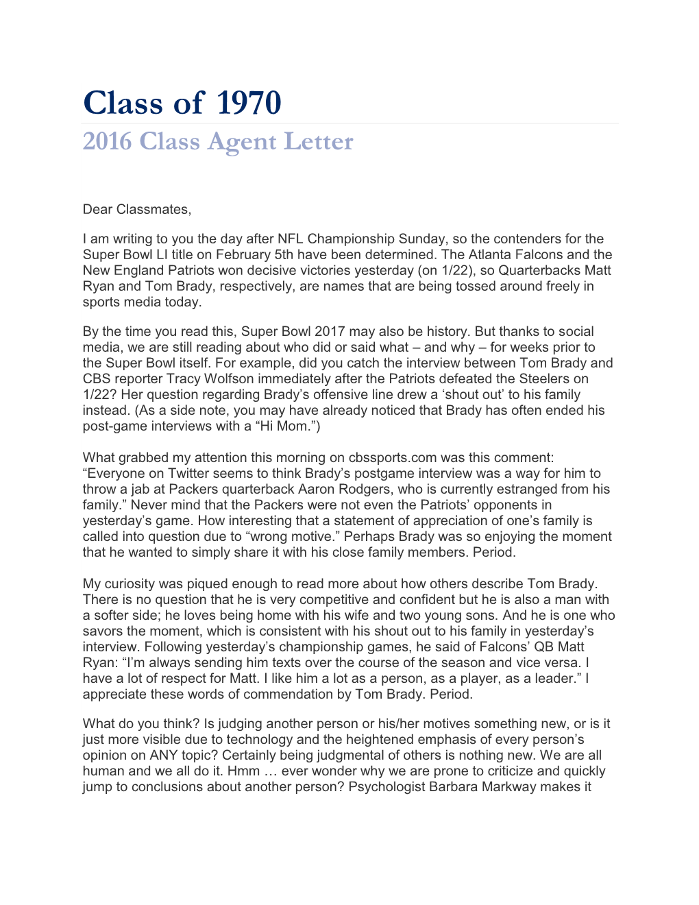 Class of 1970 2016 Class Agent Letter