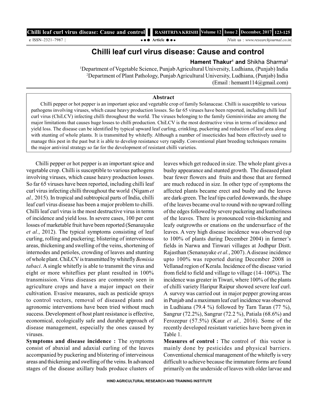 Chilli Leaf Curl Virus Disease: Cause and Control