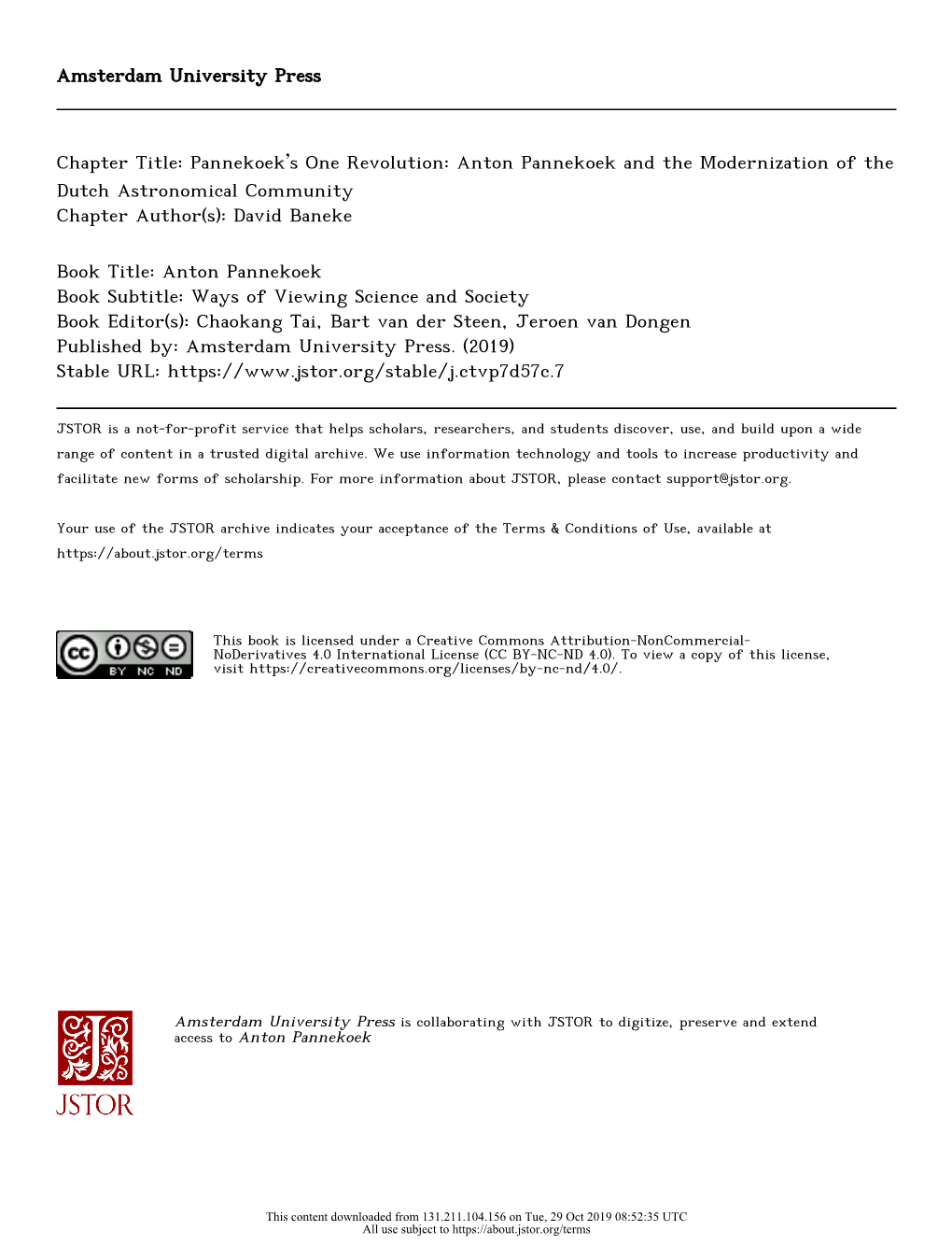 Anton Pannekoek and the Modernization of the Dutch Astronomical Community Chapter Author(S): David Baneke