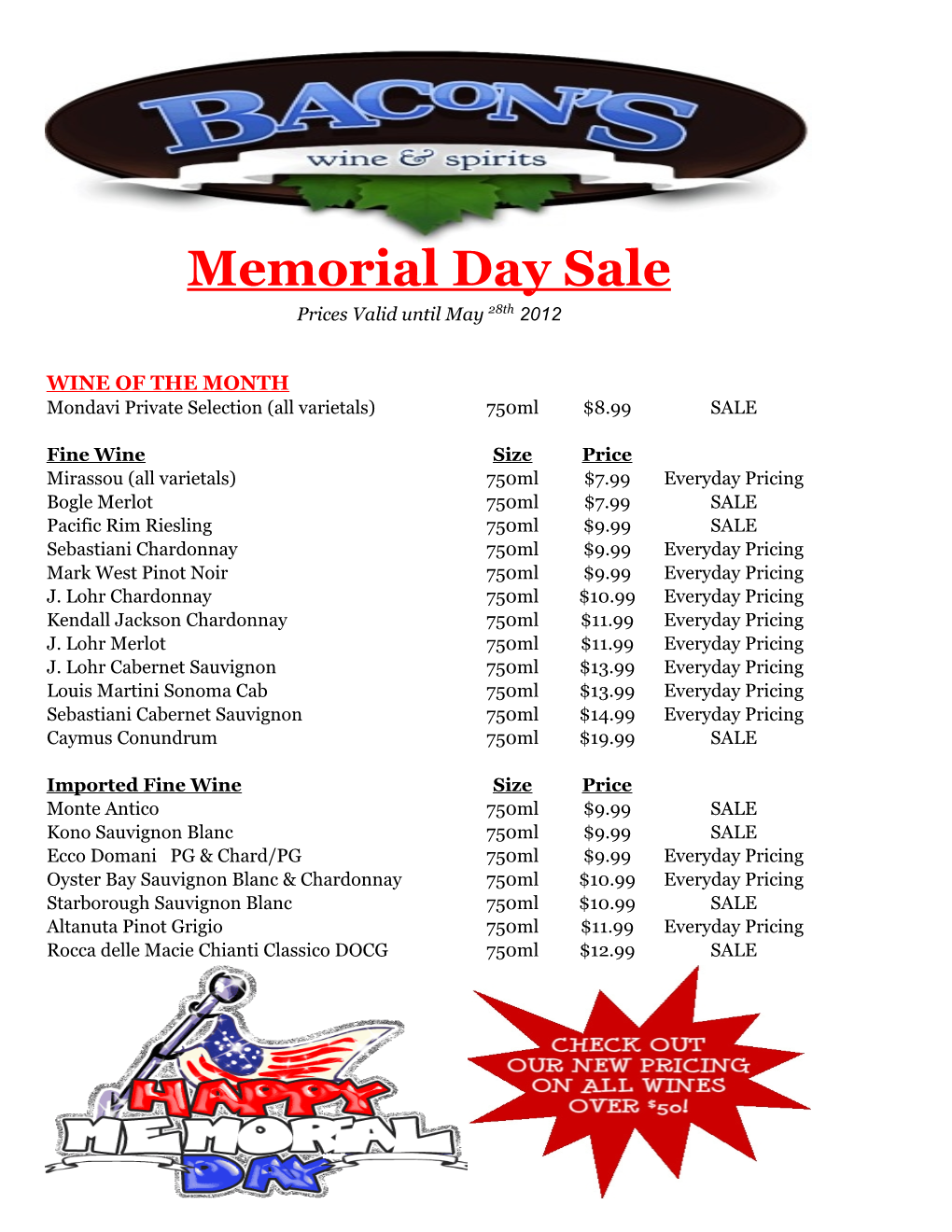 Memorial Day Sale Prices Valid Until May 28Th 2012