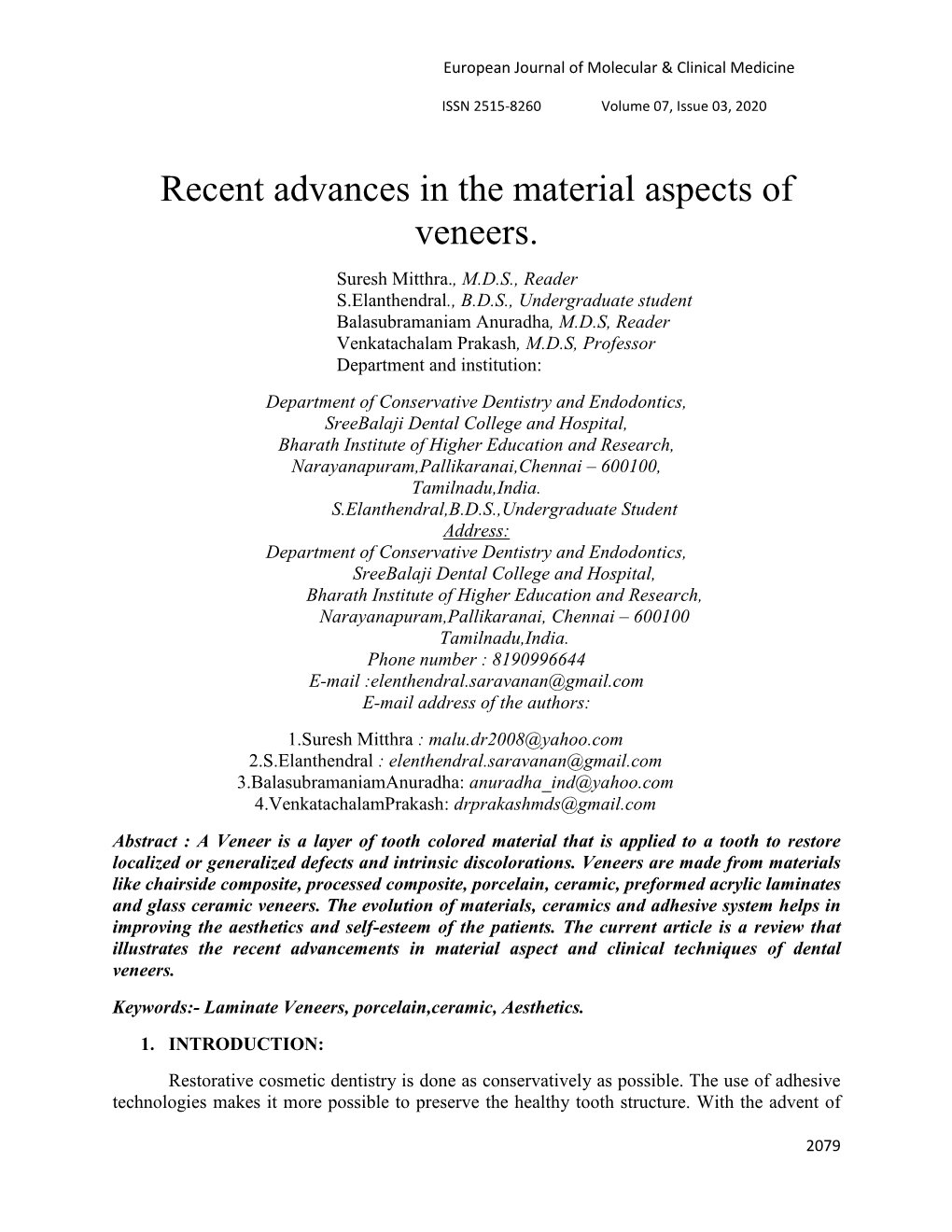 Recent Advances in the Material Aspects of Veneers