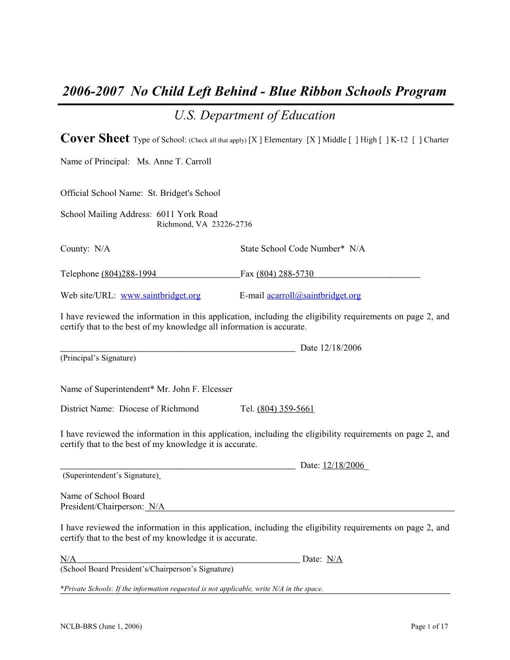 Application: 2006-2007, No Child Left Behind - Blue Ribbon Schools Program (MS Word) s10