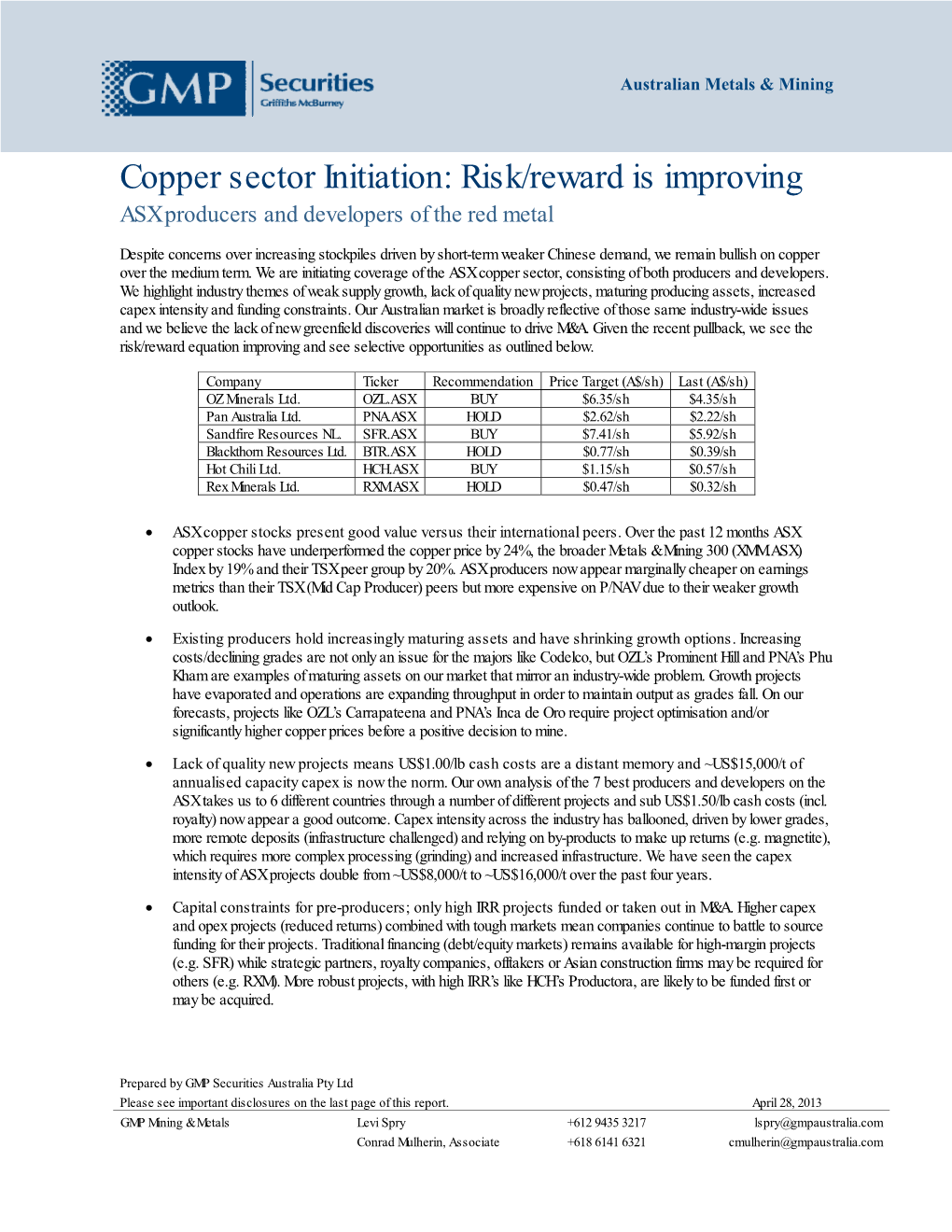 Copper Sector Initiation: Risk/Reward Is Improving ASX Producers and Developers of the Red Metal