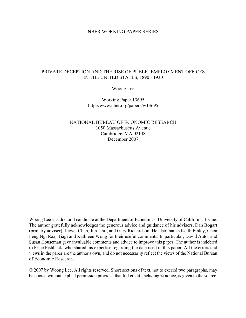 Nber Working Paper Series Private Deception and The