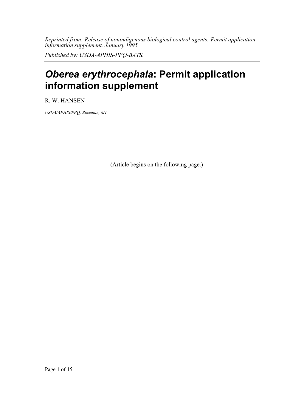 Oberea Erythrocephala: Permit Application Information Supplement