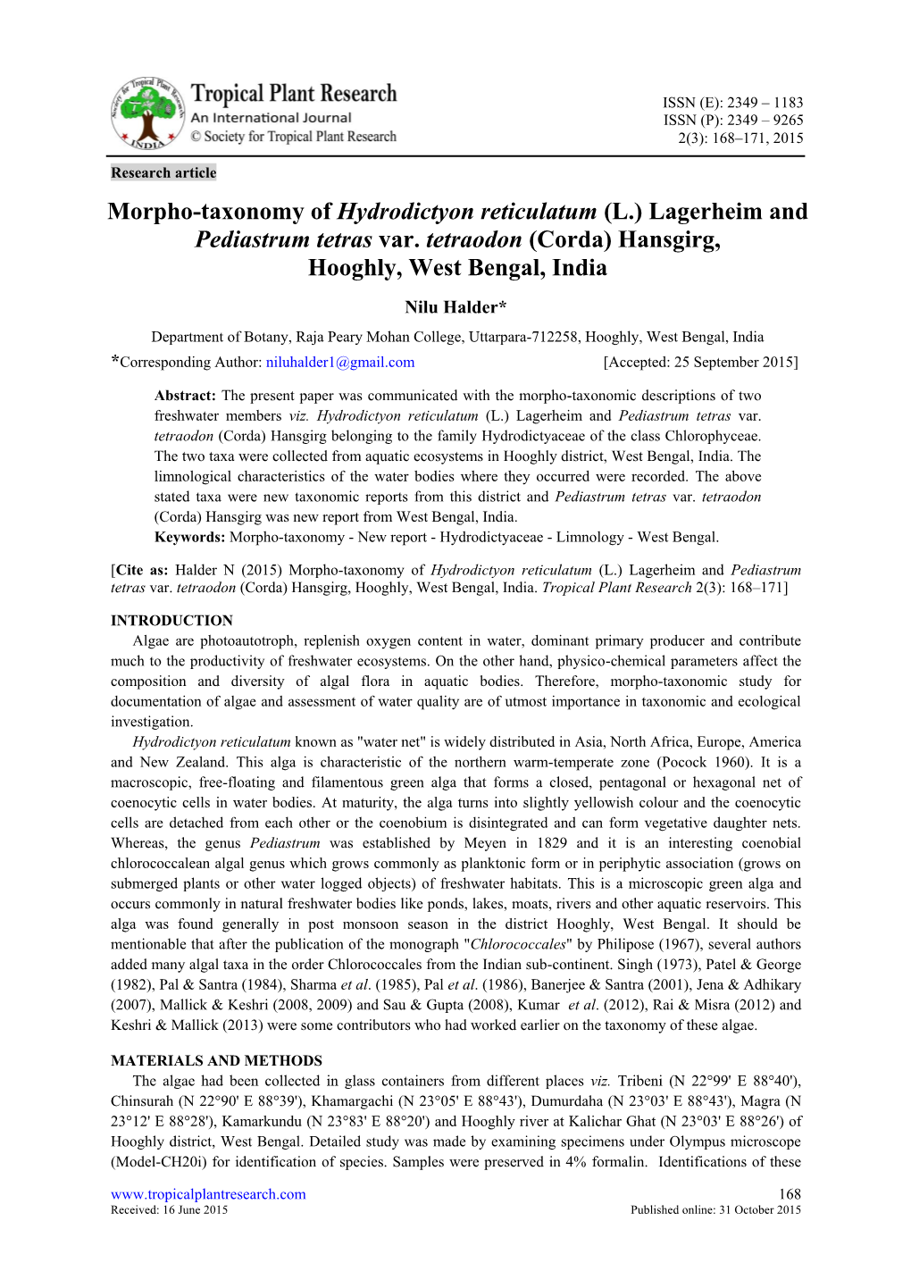 Morpho-Taxonomy of Hydrodictyon Reticulatum (L.) Lagerheim and Pediastrum Tetras Var